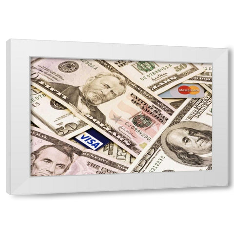 Assorted US paper currency and credit cards White Modern Wood Framed Art Print by Flaherty, Dennis