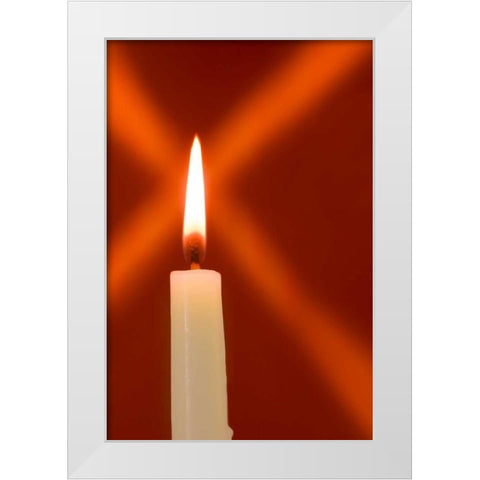 Burning candle with star burst on red background White Modern Wood Framed Art Print by Kaveney, Wendy