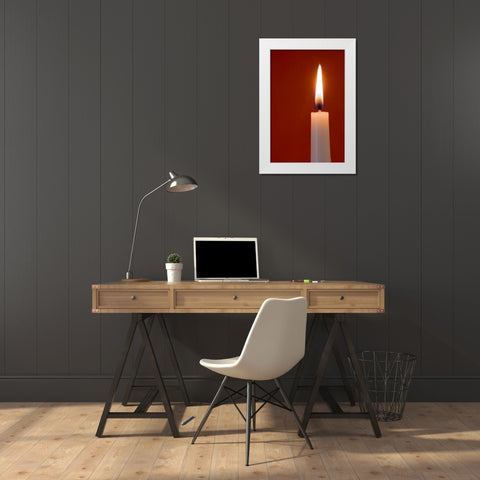 Burning candle on red background White Modern Wood Framed Art Print by Kaveney, Wendy