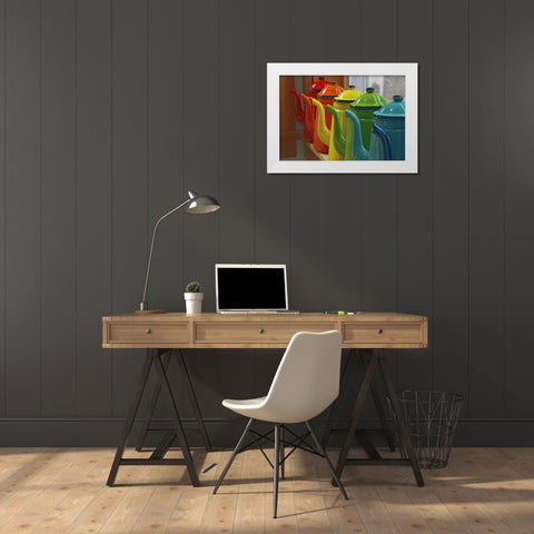 Coffee pots in orderly row on window sill White Modern Wood Framed Art Print by Terrill, Steve