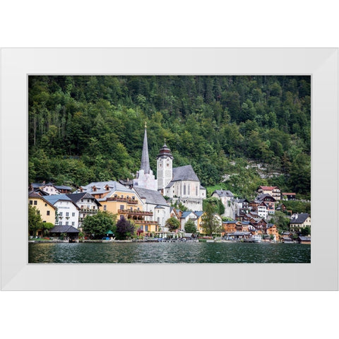 Austria-Hallstatt-Town of Hallstatt as seen from Lake Hallstatt  White Modern Wood Framed Art Print by Looney, Hollice