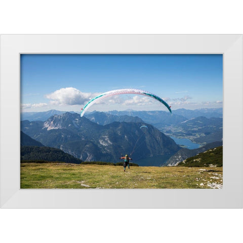 Austria-Dachstein-Paragliders as they prepare to take off above Lake Hallstatt White Modern Wood Framed Art Print by Looney, Hollice