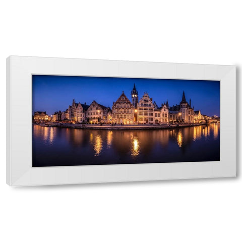 Europe-Belgium-Ghent-Panoramic of town and canal reflections at night White Modern Wood Framed Art Print by Jaynes Gallery