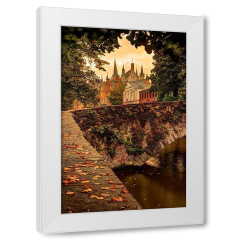 Fall leaf strewn bridge over a canal in Bruges-Belgium White Modern Wood Framed Art Print by Steve Mohlenkamp