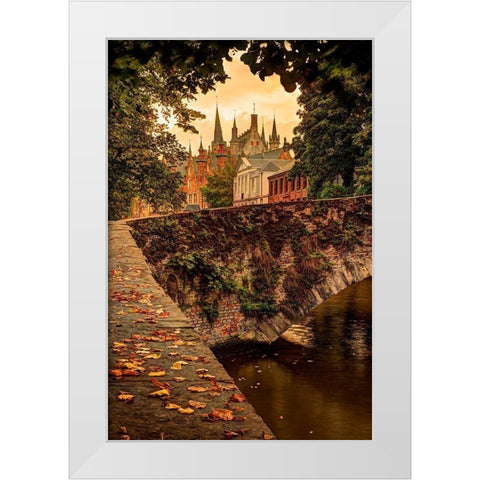 Fall leaf strewn bridge over a canal in Bruges-Belgium White Modern Wood Framed Art Print by Steve Mohlenkamp