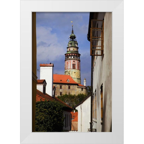 Czech Republic, Cesky Krumlov and Chateau tower White Modern Wood Framed Art Print by Flaherty, Dennis