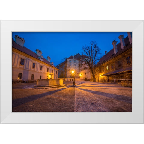 Europe-Czech Republic-Cesky Krumlov-Cesky Krumlov Castle courtyard at sunset White Modern Wood Framed Art Print by Jaynes Gallery