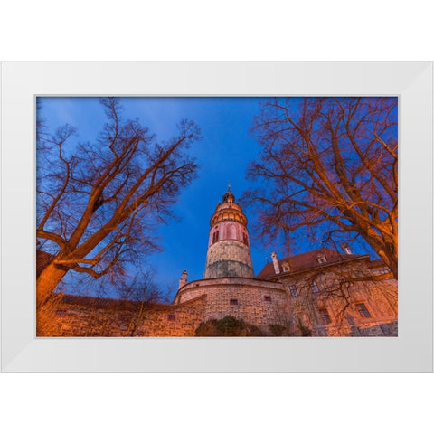 Europe-Czech Republic-Cesky Krumlov-Castle and trees at sunset White Modern Wood Framed Art Print by Jaynes Gallery