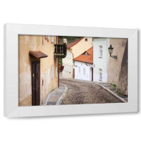 Europe-Czech Republic-Prague-Houses on cobblestone street White Modern Wood Framed Art Print by Jaynes Gallery