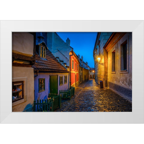 Europe-Czech Republic-Prague-Golden Lane buildings and street at night White Modern Wood Framed Art Print by Jaynes Gallery