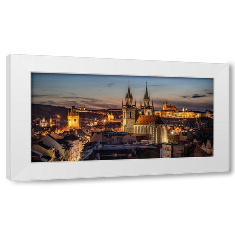 Europe-Czech Republic-Prague-Panoramic overview of city at sunset White Modern Wood Framed Art Print by Jaynes Gallery