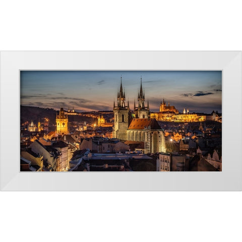 Europe-Czech Republic-Prague-Panoramic overview of city at sunset White Modern Wood Framed Art Print by Jaynes Gallery