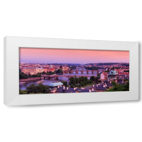 Europe-Czech Republic-Prague-Panoramic overview of Vltava River and bridges White Modern Wood Framed Art Print by Jaynes Gallery