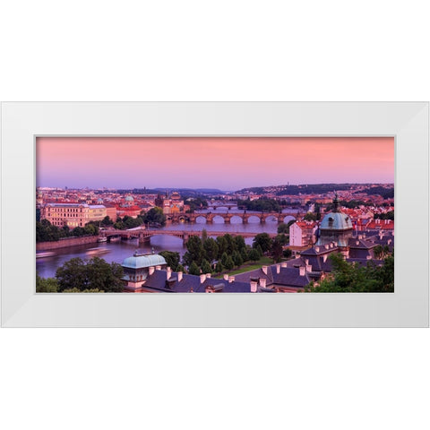 Europe-Czech Republic-Prague-Panoramic overview of Vltava River and bridges White Modern Wood Framed Art Print by Jaynes Gallery