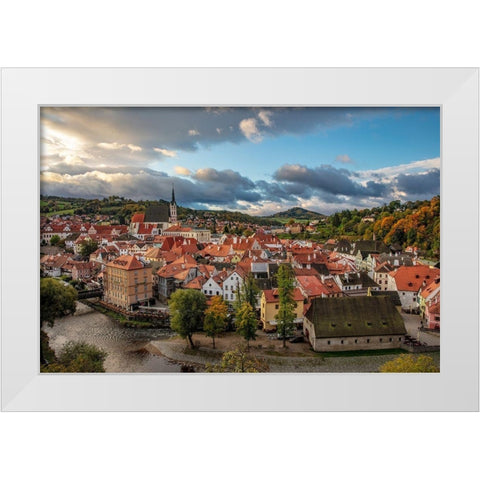 Looking down onto the village of Cesky Krumlov-Czech Republic White Modern Wood Framed Art Print by Haney, Chuck