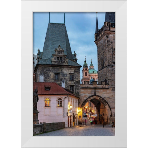Arch of Lesser Town Bridge Tower on Charles Bridge with St Nicholas Church in Prague-Czech Republic White Modern Wood Framed Art Print by Haney, Chuck