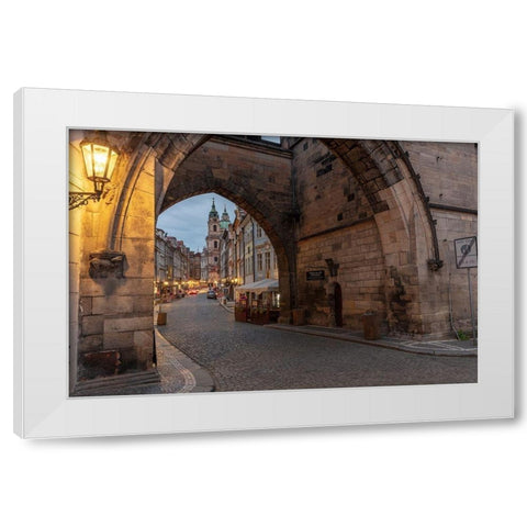 Arch of Lesser Town Bridge Tower on Charles Bridge with St Nicholas Church in Prague-Czech Republic White Modern Wood Framed Art Print by Haney, Chuck