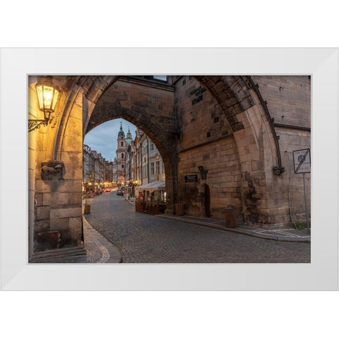 Arch of Lesser Town Bridge Tower on Charles Bridge with St Nicholas Church in Prague-Czech Republic White Modern Wood Framed Art Print by Haney, Chuck