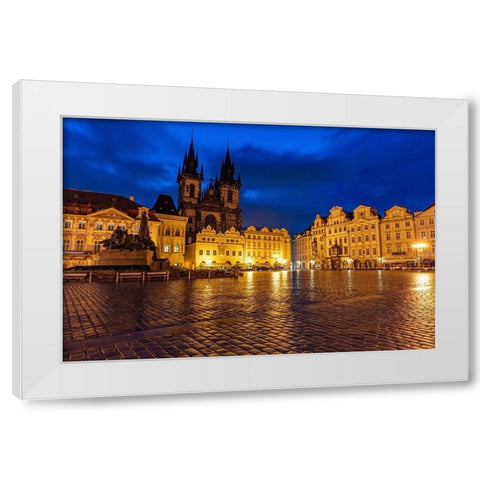 Tyn Church at dawn on wet cobblestones in Old Town Square in Prague-Czech Republic White Modern Wood Framed Art Print by Haney, Chuck