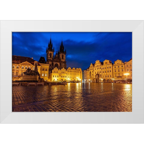 Tyn Church at dawn on wet cobblestones in Old Town Square in Prague-Czech Republic White Modern Wood Framed Art Print by Haney, Chuck