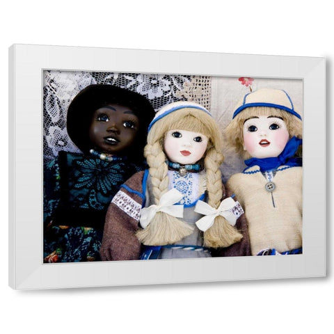Finland, Helsinki Dolls at an outdoor market White Modern Wood Framed Art Print by Ross, Nancy ,  Steve
