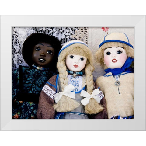 Finland, Helsinki Dolls at an outdoor market White Modern Wood Framed Art Print by Ross, Nancy ,  Steve
