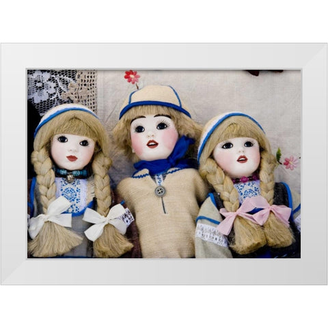 Finland, Helsinki Dolls at an outdoor market White Modern Wood Framed Art Print by Ross, Nancy ,  Steve