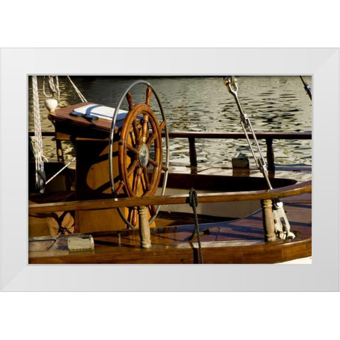 Finland, Helsinki Detail of sailboats helm White Modern Wood Framed Art Print by Ross, Nancy ,  Steve