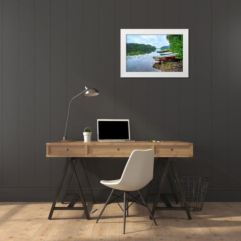 Finlandia-Savonlinna-lake bank and vegetation White Modern Wood Framed Art Print by Molinari, Michele