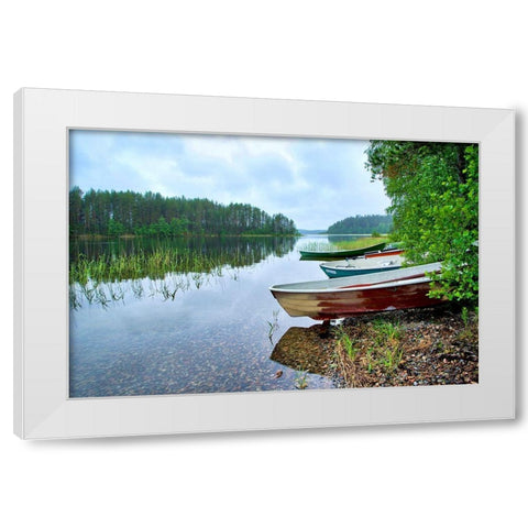 Finlandia-Savonlinna-lake bank and vegetation White Modern Wood Framed Art Print by Molinari, Michele