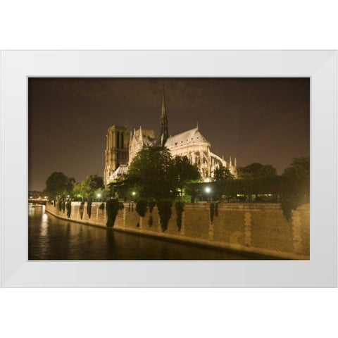 France, Paris Notre Dame Cathedral lit at night White Modern Wood Framed Art Print by Zuckerman, Jim