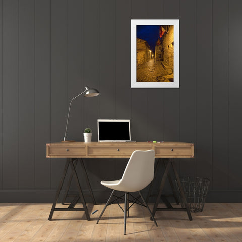 France, Provence Flags over street in castle White Modern Wood Framed Art Print by Lord, Fred
