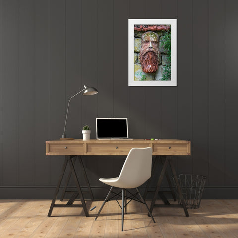 France-Giverny Stone face hanging on a stone wall  White Modern Wood Framed Art Print by Jaynes Gallery