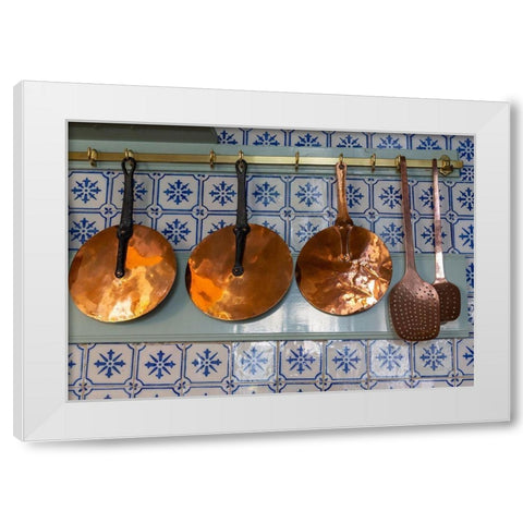 France-Giverny Copper utensils in kitchen of Monets house  White Modern Wood Framed Art Print by Jaynes Gallery