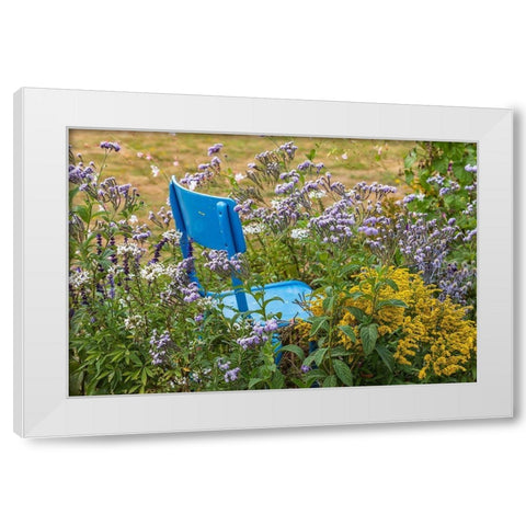 France-Haute-Vienne-Limoges Flowers and a chair in a garden in Limoges White Modern Wood Framed Art Print by Wilson, Emily
