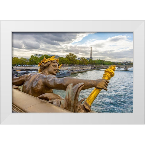 Paris. Nymphes de la Seine statue on Pont Alexandre III- along River Seine. Distant Eiffel Tower. White Modern Wood Framed Art Print by Wilson, Emily M.