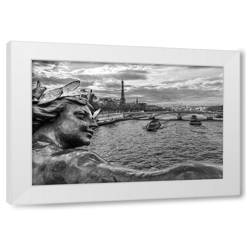 Paris. Nymphes de la Seine statue on Pont Alexandre III- along River Seine. Distant Eiffel Tower. White Modern Wood Framed Art Print by Wilson, Emily M.