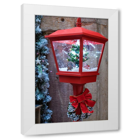 Strasbourg-France Christmas red lamp post with blowing snow inside White Modern Wood Framed Art Print by McRoberts, Julien