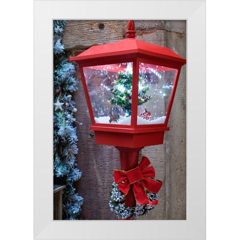 Strasbourg-France Christmas red lamp post with blowing snow inside White Modern Wood Framed Art Print by McRoberts, Julien