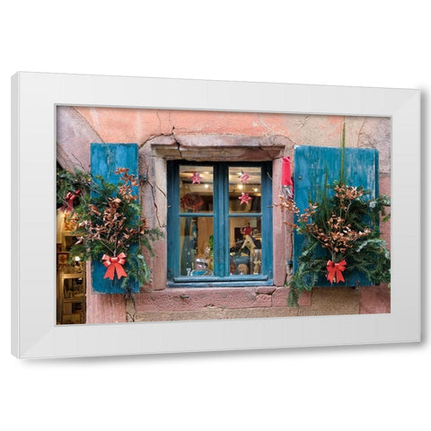 Riquewihr-France Village established 1400s in Alsace Region Window decorated Christmas ornaments White Modern Wood Framed Art Print by McRoberts, Julien