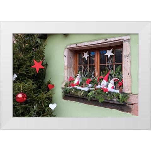 Riquewihr-France Village established 1400s in Alsace Region Window decorated Christmas ornaments White Modern Wood Framed Art Print by McRoberts, Julien