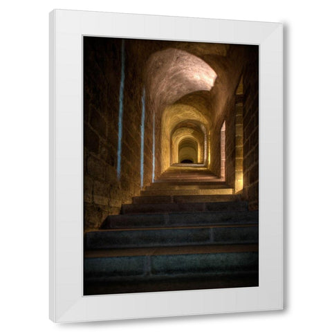 Stairs and hallway in Mont Saint-Michel on the Normandy coast of France White Modern Wood Framed Art Print by Steve Mohlenkamp