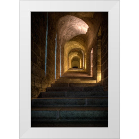 Stairs and hallway in Mont Saint-Michel on the Normandy coast of France White Modern Wood Framed Art Print by Steve Mohlenkamp