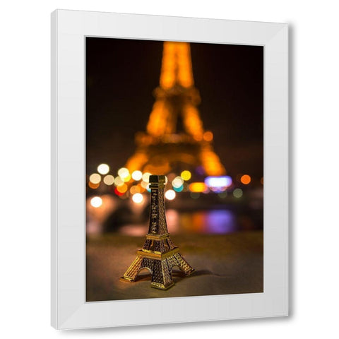 A souvenir Eiffel Tower on the wall of the Seine River across from the real thing White Modern Wood Framed Art Print by Steve Mohlenkamp