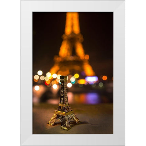 A souvenir Eiffel Tower on the wall of the Seine River across from the real thing White Modern Wood Framed Art Print by Steve Mohlenkamp