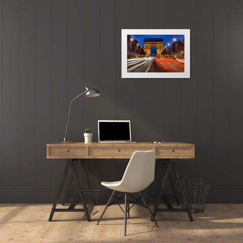 Traffic passes the Arch de Triumph on the Champs Elysee in Paris-France White Modern Wood Framed Art Print by Steve Mohlenkamp