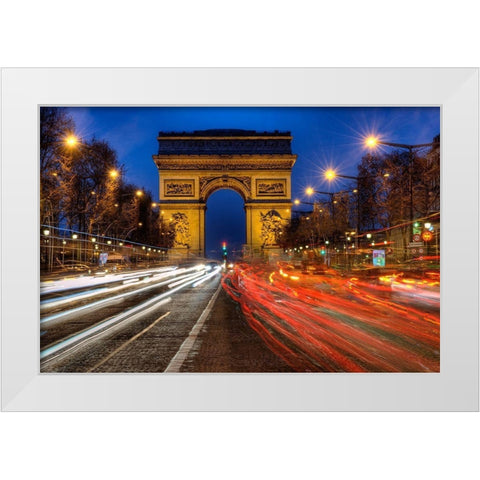 Traffic passes the Arch de Triumph on the Champs Elysee in Paris-France White Modern Wood Framed Art Print by Steve Mohlenkamp