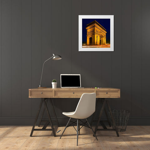 Traffic passes the Arch de Triumph on the Champs Elysee in Paris-France White Modern Wood Framed Art Print by Steve Mohlenkamp