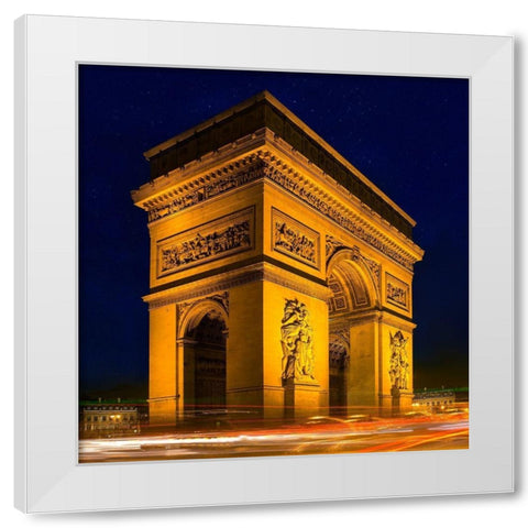 Traffic passes the Arch de Triumph on the Champs Elysee in Paris-France White Modern Wood Framed Art Print by Steve Mohlenkamp