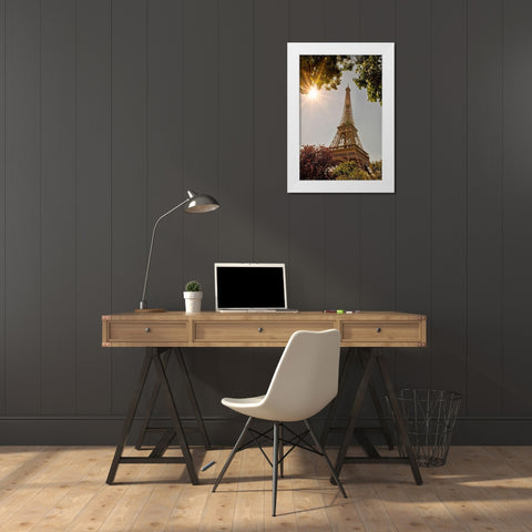 Eiffel Tower framed by trees and sunburst in Paris-France White Modern Wood Framed Art Print by Steve Mohlenkamp